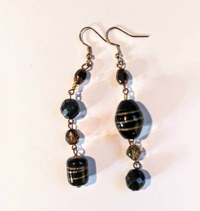 Boucles D'Oreilles Vintage Perles De Verre Facettées & Strass - Bleu