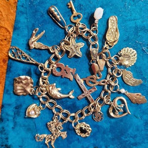 Solid Gold Charm Bracelet, Vintage Charm Bracelet, 20 Unique 14k and 10k Gold charms, 20 grams, Classic Charm Bracelet, Gift for Her