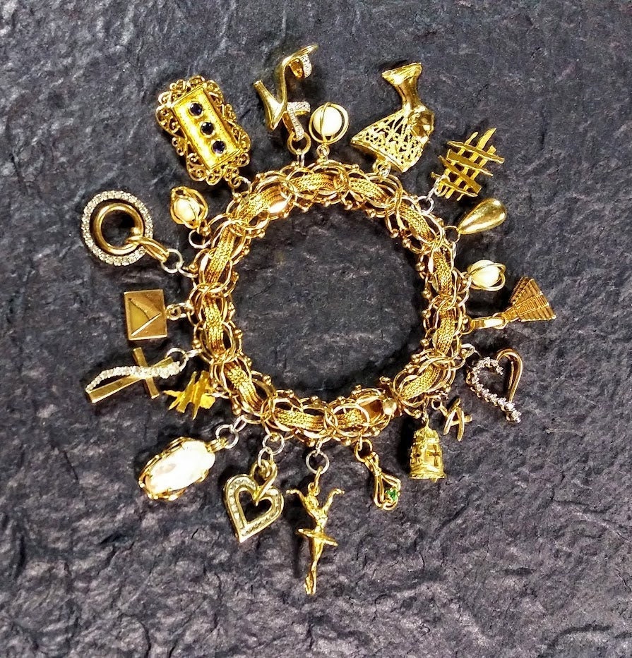 Vintage Charm Bracelet, 14K Yellow Gold, Boy and Girls Charms. 28.2 Grams