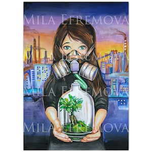 Save This Planet Illustration Hand Painted Wall Art Poster Digital Aquarelle Gouache Environmental Pollution Gas Mask City Save Earth OOAK
