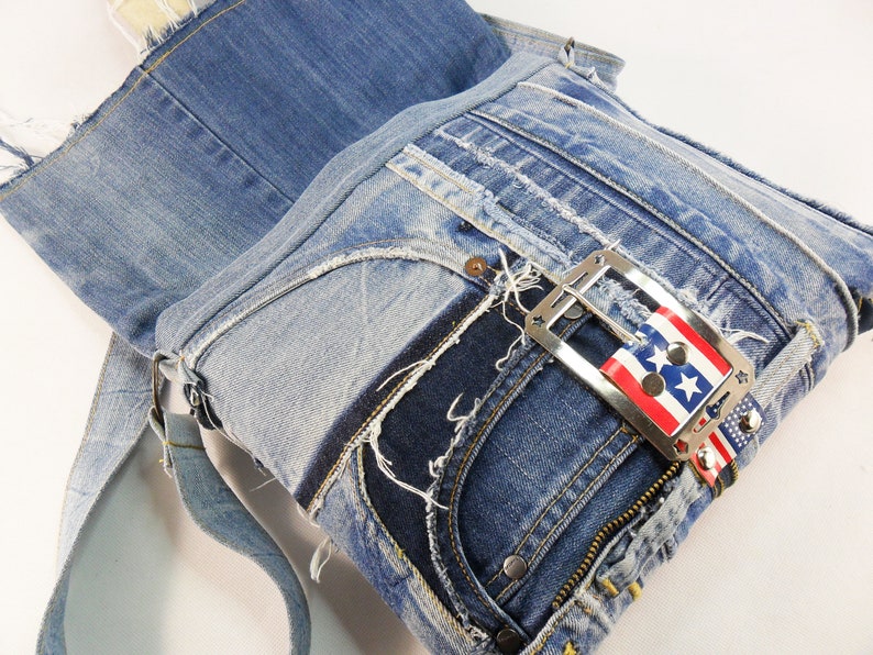 Denim Upcycled bag Blue denim crossbody Jeans school bag Etsy