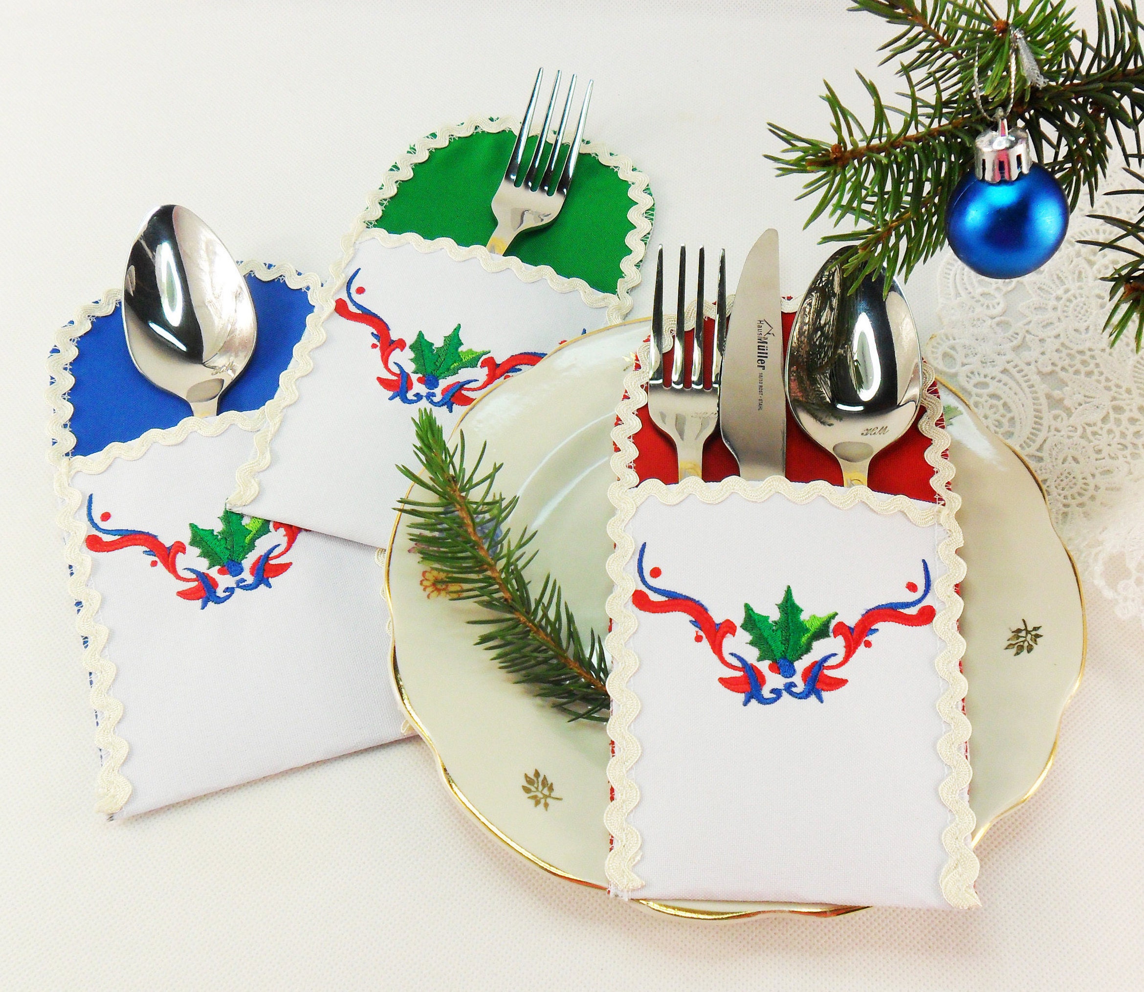 Christmas Embroidered Silverware Holders Christmas Tree Etsy