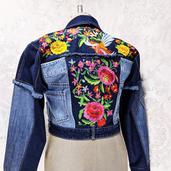 Upcycled Boho Bohemian Denim Embroidered short jacket | Etsy