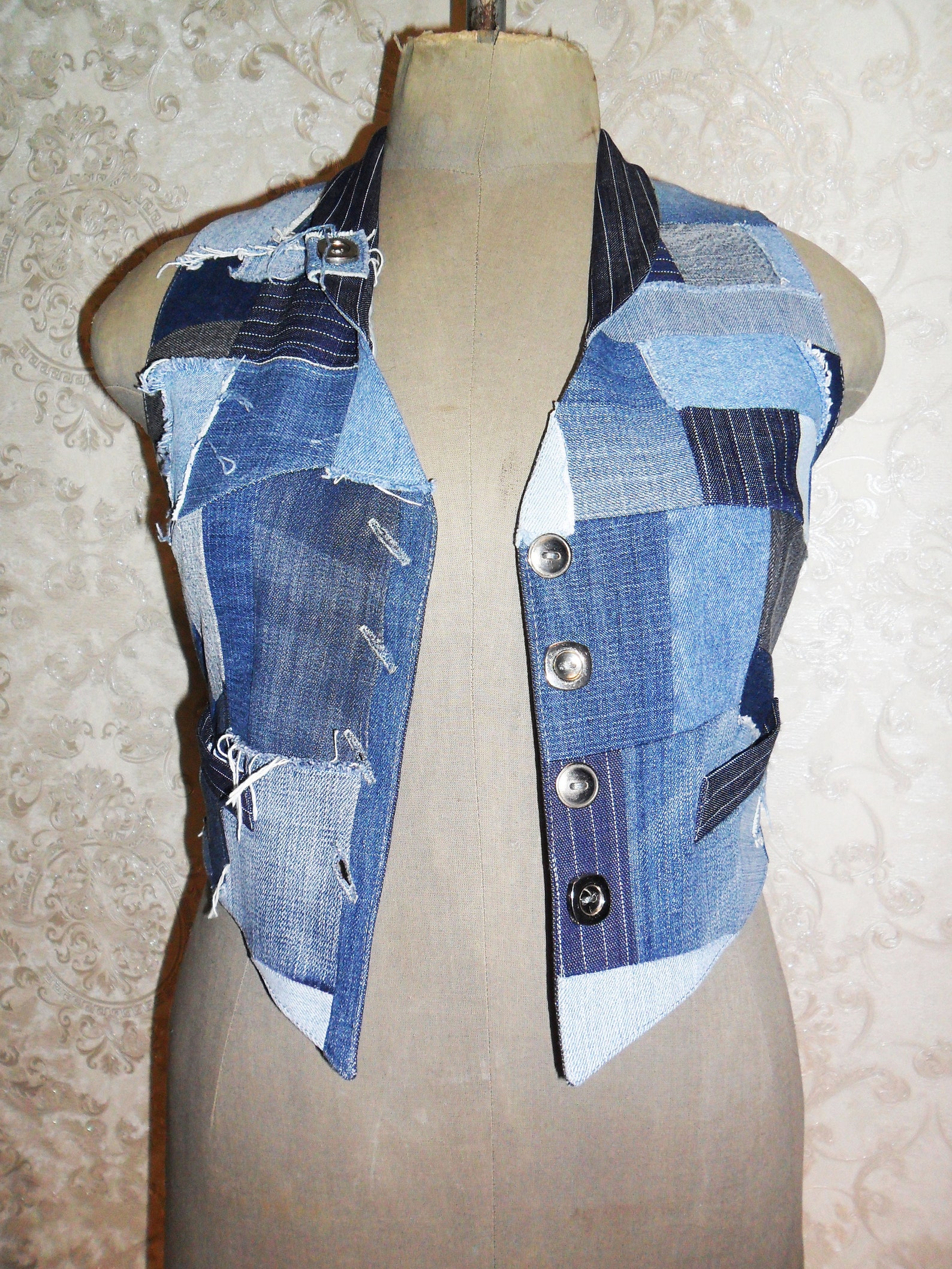 Denim short vest for women's Upcycled patchwork vest Boho Etsy