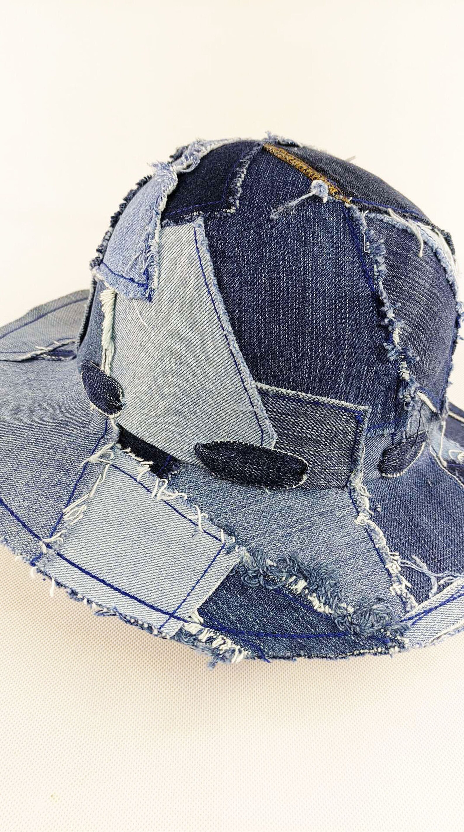 Denim Upcycled patchwork women bucket hat Wide brim hat for Etsy
