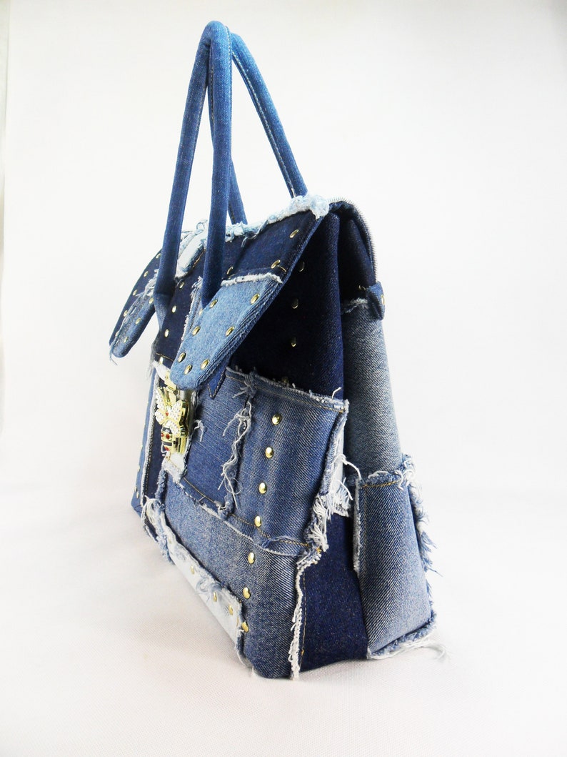 Denim Upcycled bag Jeans bag Patchwork fabric bag Vegan Blue Etsy