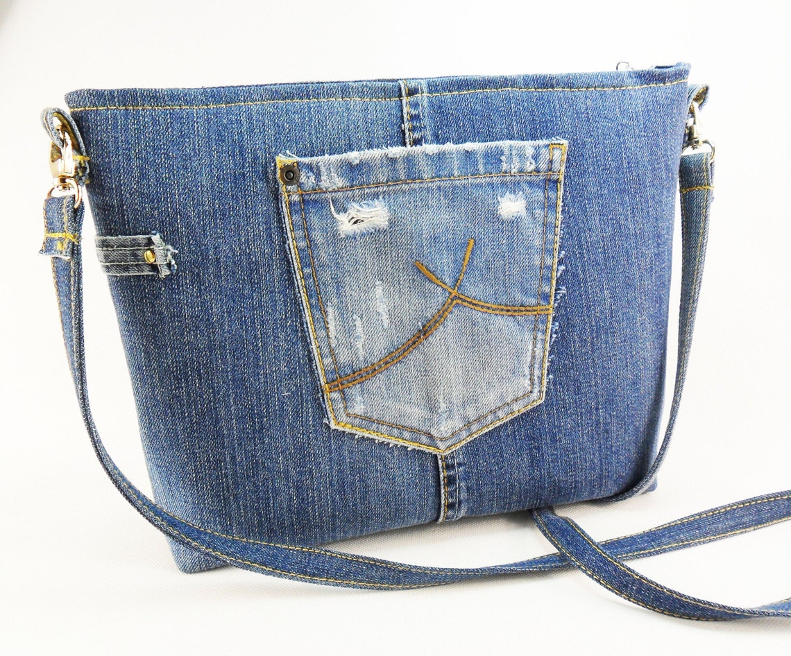 Denim & leather Clutch Bag Upcycled Denim boho crossbody bag Etsy