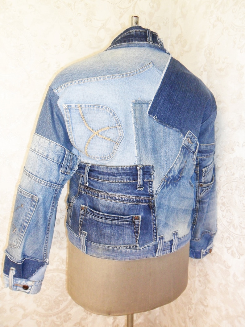 Upcycled denim jeans jacket Denim blue Patchwork Women's Etsy