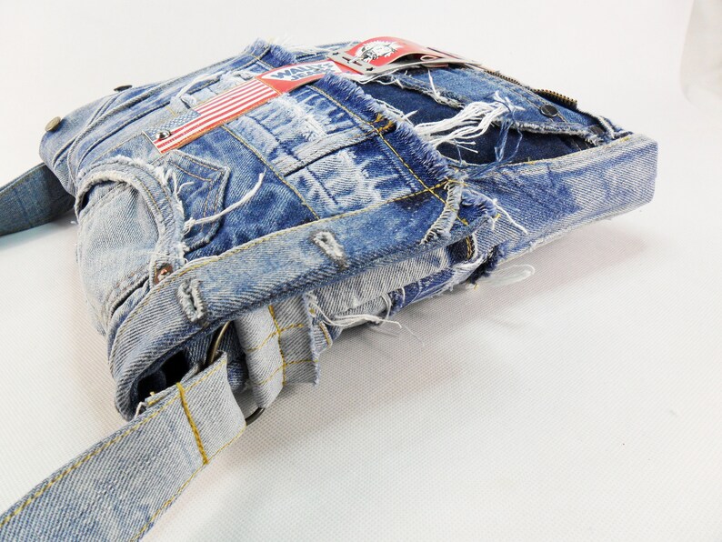 Denim Upcycled bag Blue denim crossbody Jeans school bag Etsy