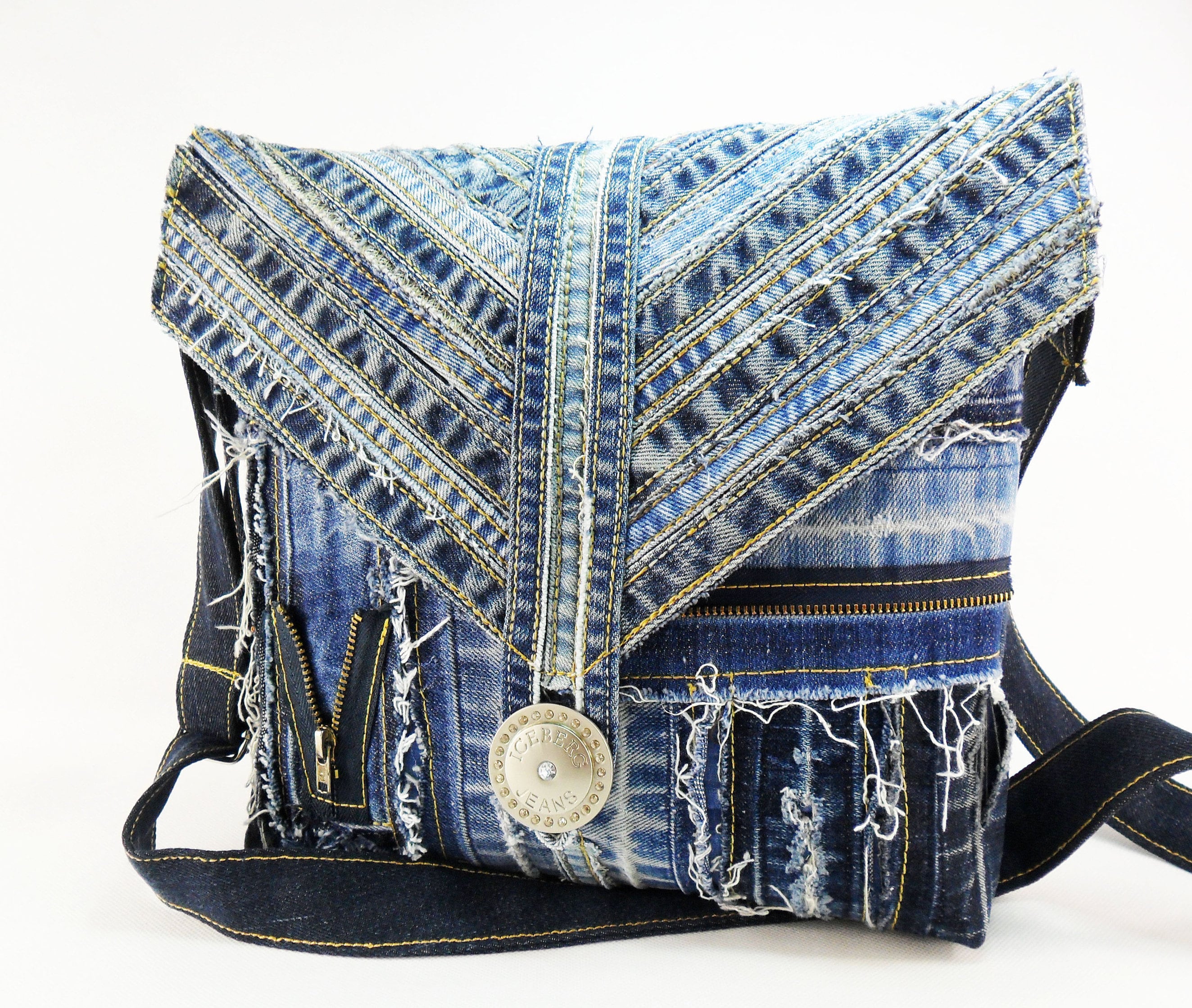 Denim bag Upcycled Frayed Denim Patchwork bag Clasp School Etsy