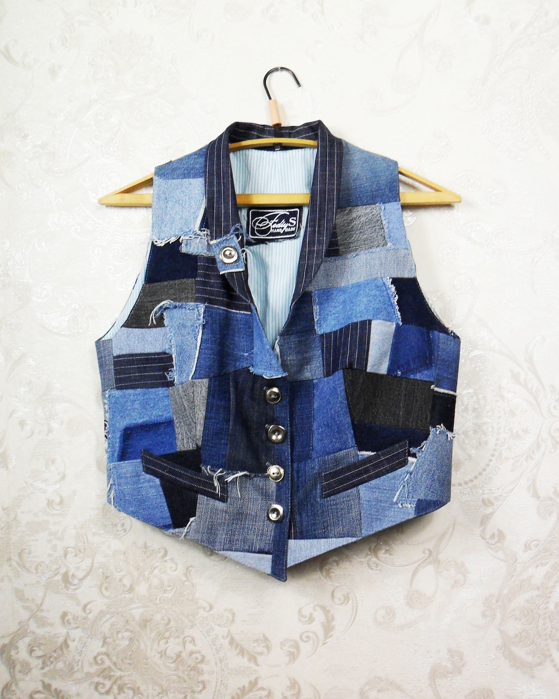 Denim short vest for women's Upcycled patchwork vest Boho | Etsy