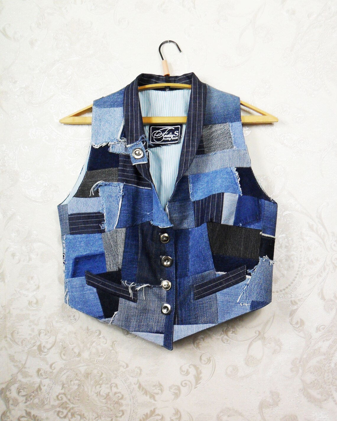 Denim short vest for women's Upcycled patchwork vest Boho Etsy