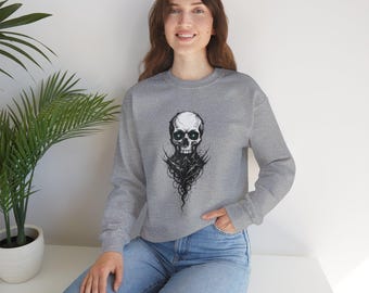 Sudadera de cuello redondo con busto de zarcillo de calavera de ojos azules brillantes / Estilo gótico alternativo