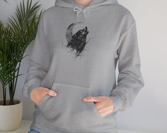 Sudadera con capucha de lobo aullador, luna creciente y etéreo oscuro