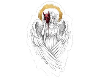 Pegatinas troqueladas con ilustración de ángel quitándose la máscara de demonio / Halo dorado