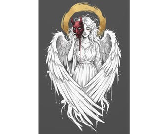 Impresión en lienzo con ilustración de ángel quitándose la máscara de demonio y halo dorado