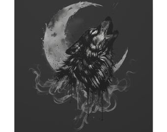 Impresión en lienzo de luna creciente de lobo aullador / Etéreo oscuro