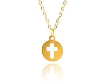 24k gold plated cross necklace women - cut out round cross necklace - gold round pendant with cross - cross charm - tiny cross gold 14k