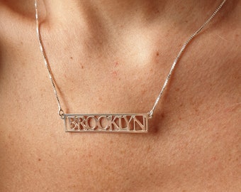 Silver Rectangle Bar Name Necklace  - Brooklyn name tag