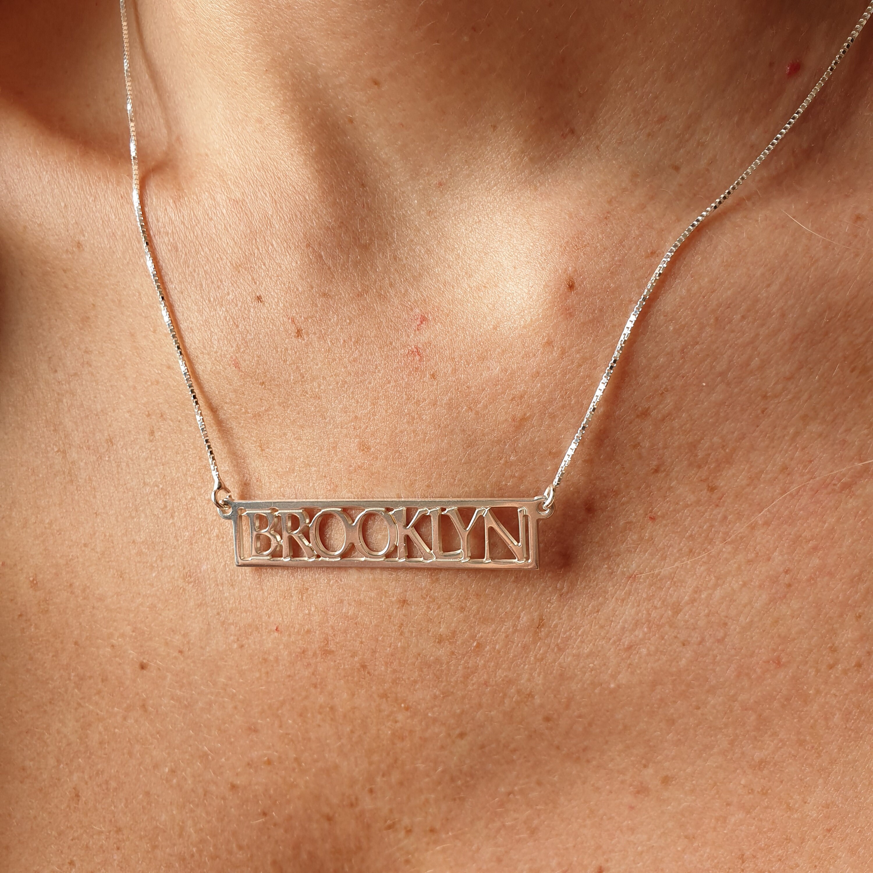 Silver Rectangle Bar Name Necklace 