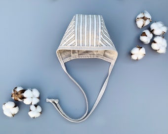 Reversible Striped Cotton Linen Baby Bonnet: Neutral Sun Hat