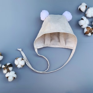 Neutral Baby Bonnet with Pom Poms – Breathable Linen Baby Sun Hat, Handmade Toddler Summer Bonnet, Lightweight Baby Hat, Summer Baby Hat