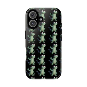 Cute Lizard Phone Case – Fun Gecko Pattern on Black, Quirky Reptile Lover Gift, Durable Protective Cover