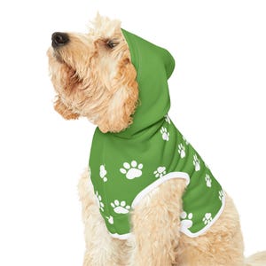 May include: A light-colored dog wearing a green hooded sweatshirt. The sweatshirt features a white paw print pattern and a white trim. The dog is looking up, and the background is white.