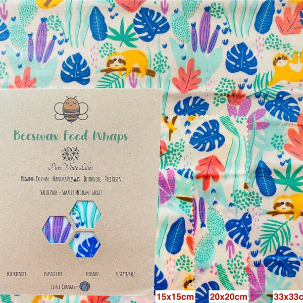 Set of 3 Beeswax Food Wrap Reusable Food Wrap Ecological Washable Wrap -  Sloth in White with Jungle Plants