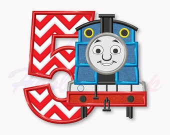Blue Train Fifth birthday applique embroidery design, Tank Engine Machine Embroidery Design, Embroidery design baby birthday, #017