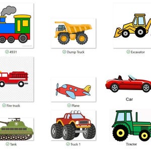 Puede incluir: Una colecci&oacute;n de nueve ilustraciones de veh&iacute;culos que incluye un tren de vapor azul y verde, un cami&oacute;n volquete amarillo, una excavadora amarilla, un cami&oacute;n de bomberos rojo, un avi&oacute;n rojo, un coche deportivo rojo, un tanque verde, un cami&oacute;n monstruo rojo y un tractor verde.