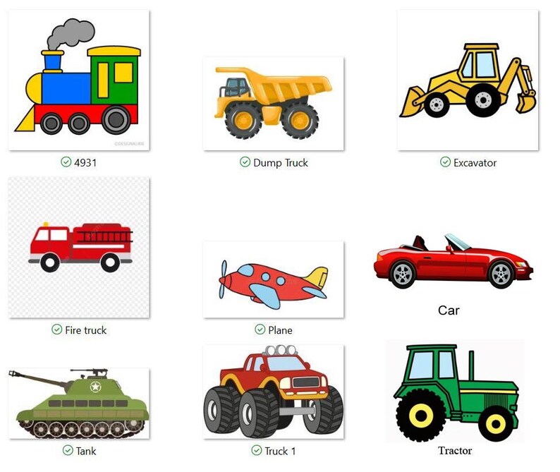Puede incluir: Una colecci&oacute;n de nueve ilustraciones de veh&iacute;culos que incluye un tren de vapor azul y verde, un cami&oacute;n volquete amarillo, una excavadora amarilla, un cami&oacute;n de bomberos rojo, un avi&oacute;n rojo, un coche deportivo rojo, un tanque verde, un cami&oacute;n monstruo rojo y un tractor verde.
