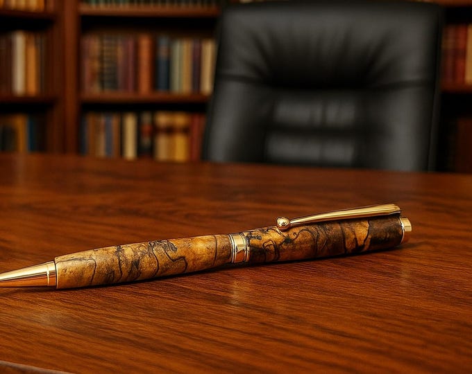 Spalted Maple Ballpoint Pen #2, gold finish - Optional Custom Box