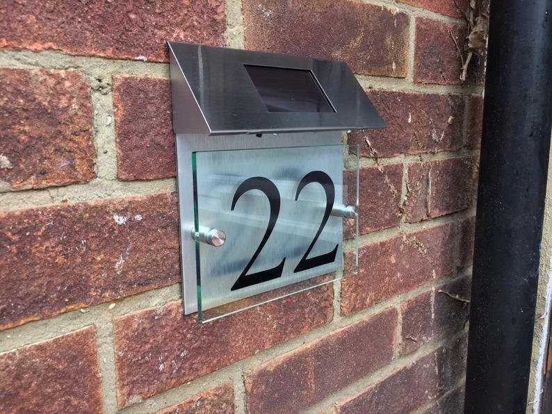 Modern House Sign plaque door number street glass aluminium effect led solar light