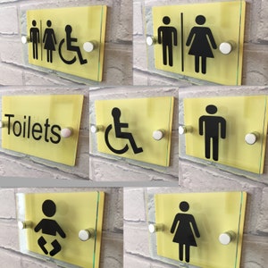 Aspecto de vidrio moderno Amarillo Inodoro Letrero placa unisex / masculino / femenino / discapacitado / cuarto de ducha / cambio de bebé letreros de inodoro multi opciones