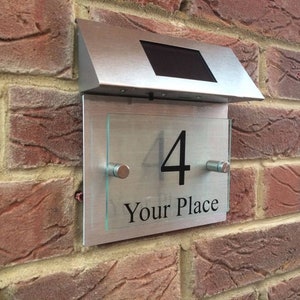 Modern House Sign plaque door number street glass aluminium effect led solar light