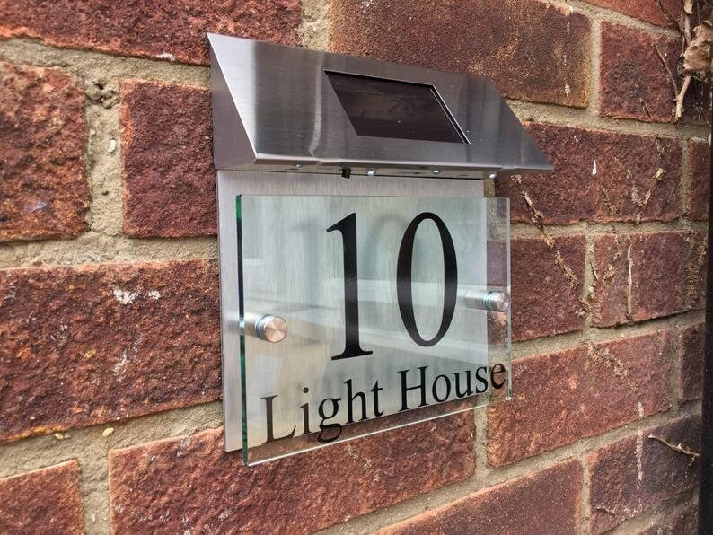 Modern House Sign plaque door number street glass aluminium effect led solar light