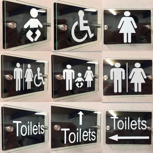 Modern glass look Black Toilet Sign plaque unisex/male/female/disabled/shower room/baby change toilet signs multi options