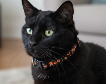 Halloween Boo Black Safety Breakaway Cat Collar, charm and Bell
