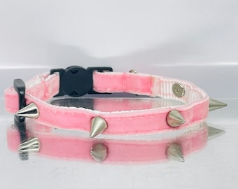 Rock Kitty Pink Velvet with Spikes Cat Safety Collar with Bell