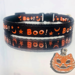 Halloween Boo Black Safety Breakaway Cat Collar, pumpkin charm and Bell