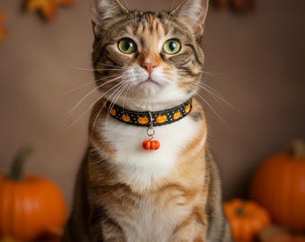 Pumpkin Halloween Orange Safety Breakaway Cat Collar with matching charm and Bell