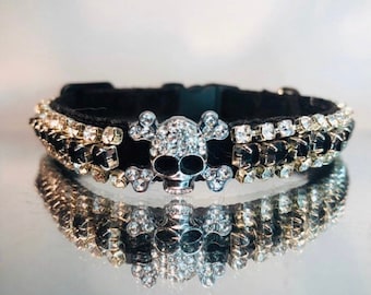 Black Velvet Crystal Skull Cat Collar