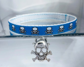 Bright Blue Skulls Cat Collar, Kitten Safe Breakaway Collar and Skull Charm