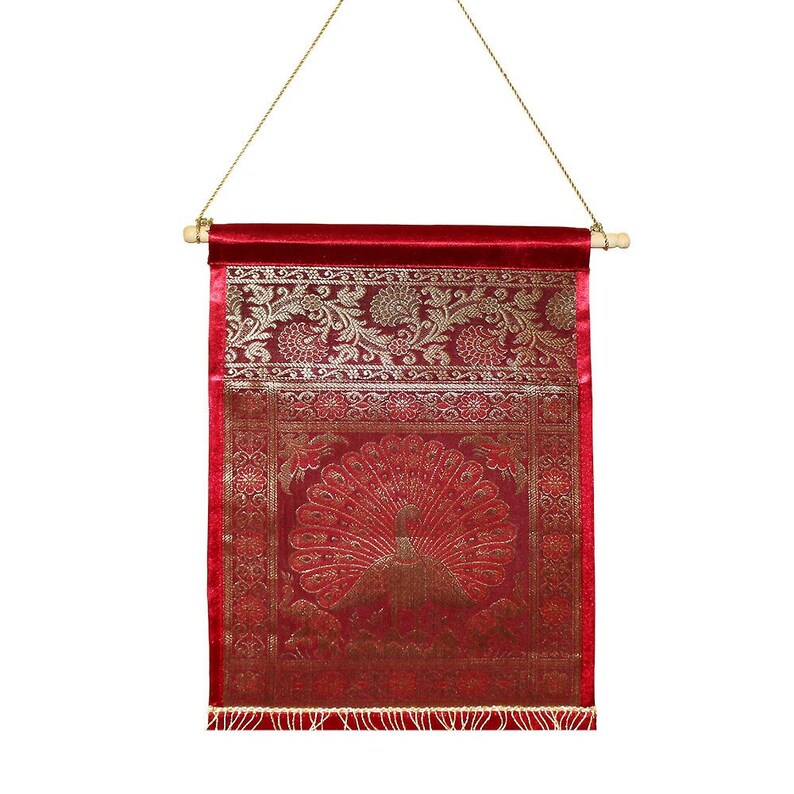 Indian Wall Hanging Tapestry Brocade Silk Peacock Elephant Letter Book Holder Home Decor