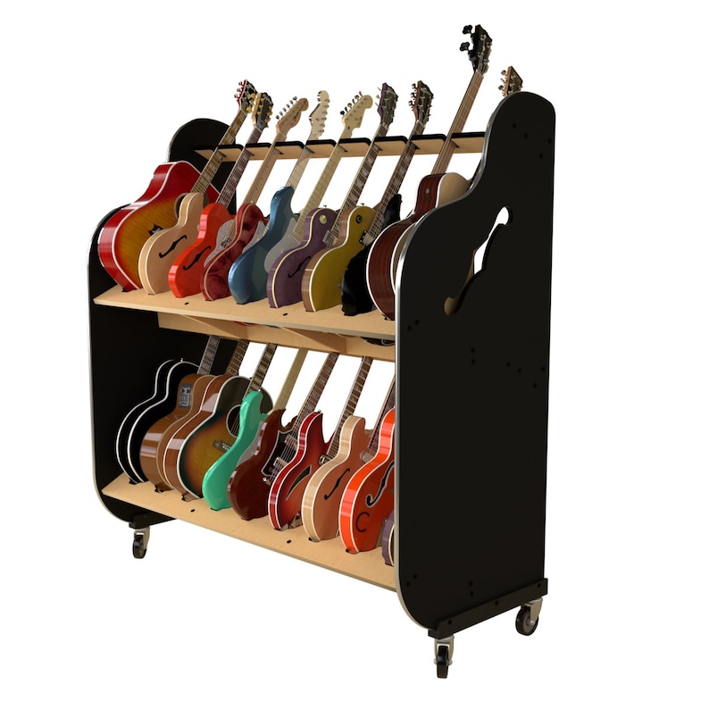 The Sessionpro™ Doublestack Mobile Guitar & Case Shelf Racks Stores