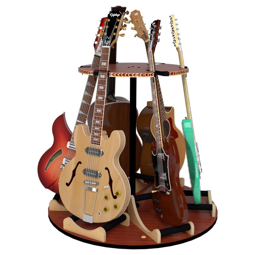 The Carousel Wood Rotating Multi Guitar Stand Holds Acoustics & Electrics Nitrocellulose Safe