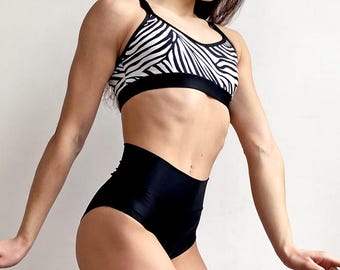 Zebra dance top and booty shorts, Pole dance outfit, Black pole dance bottoms, Sexy costume, Exotic jungle custom dance wear