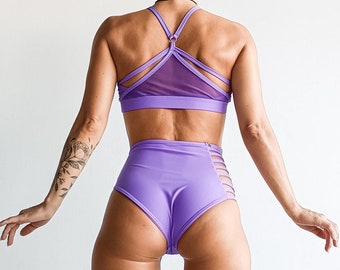Purple pole dance wear, Booty shorts and top, Pole dance outfit, Festival outfit, Dance shorts, Sexy costume, Pilates clothes