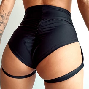 Pole dance shorts with black garters, Twerk shorts, Booty shorts, Custom dance wear, Rave outfit, Festival outfit, High waisted shorts